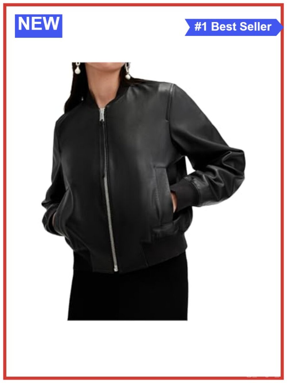 Leather Bomber Jacket Womens Regular Fit Crew Neck Zip Up Casual